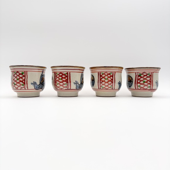 Japanese Hand Painted Okinawa  Tsuboya-yaki Pottery Tea Cups Set of Four w Birds - Picture 11 of 12